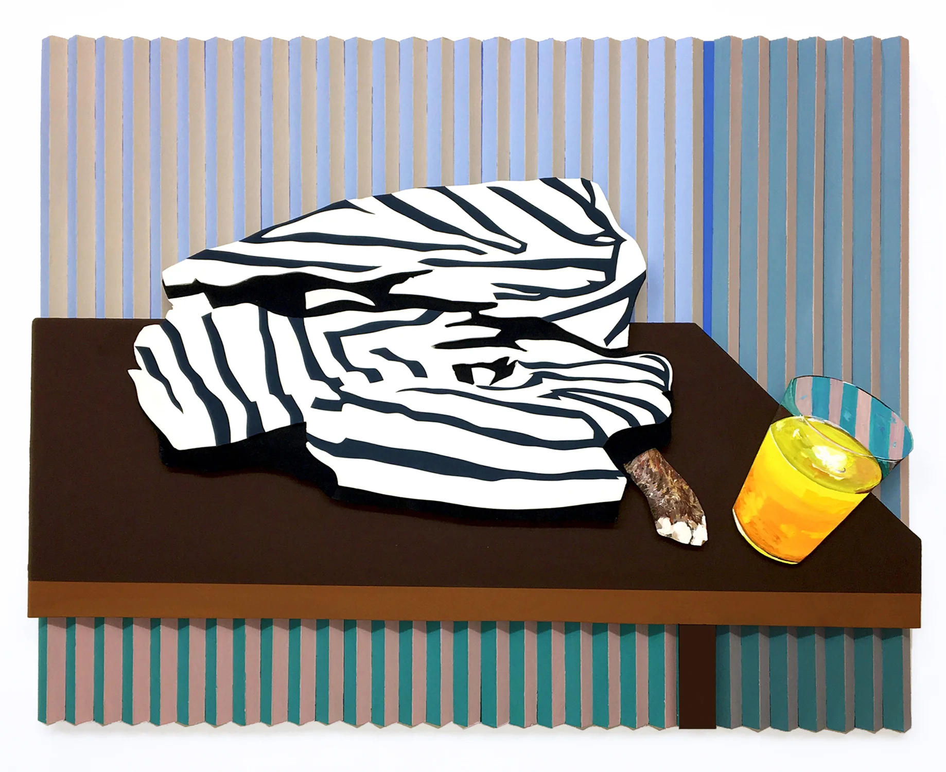 T.D.M. (Fate of the Guy That Thought He Was a Glass of Orange Juice) , 2018 Acrylic, flashe, paper, and shadows on layered multidimensional panels, 25" x 31.25" x 2.25"