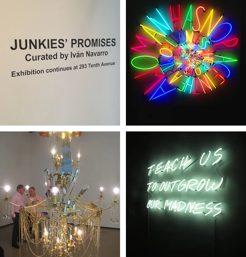 From top clockwise: The entrance to the show; Deborah Kass's mindblowing neon "After Louise Bourgeois"; Dzine's Chandelier (and Dzine himself with Paul Kasmin on the back) and Alfredo Jaar neon