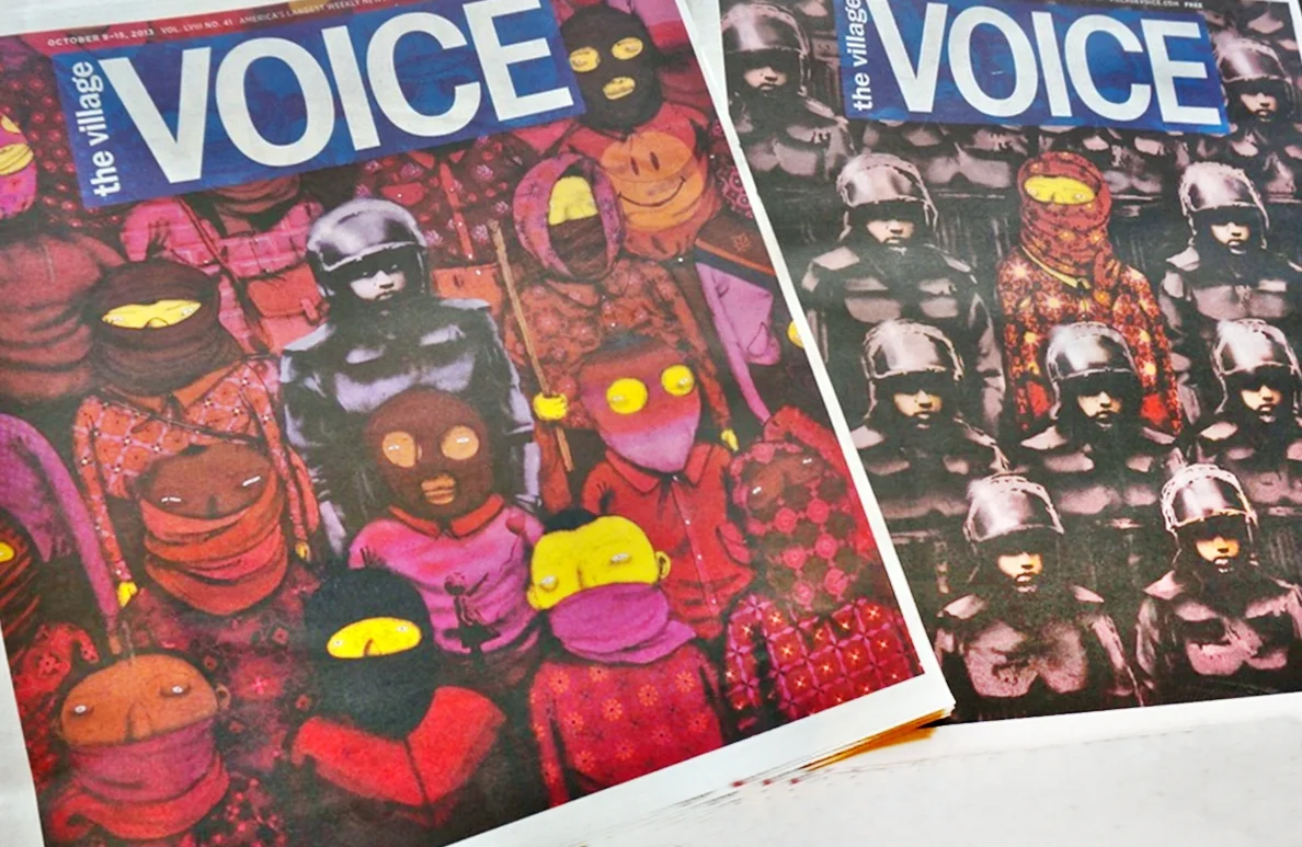 The cover of the Village Voice on October 9, 2013 with the collaboration between Banksy and Os Gemeos. 