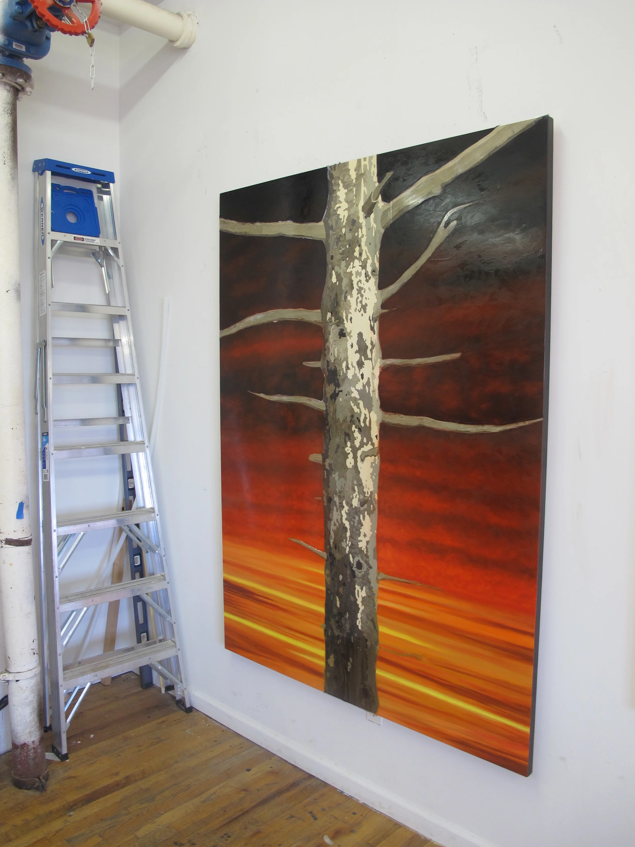 This is the final piece in Ali's studio, which she first conceived in the digital image above: a wood panel that has been transformed with oil, wood veneer and shellac and which is called "Sebastian II". 