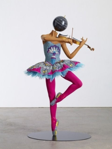 Yinka Shonibare-Ballerina with Violin (Giselle), 2013, mannequin, African textiles and mixed media. Available at James Cohan Gallery 