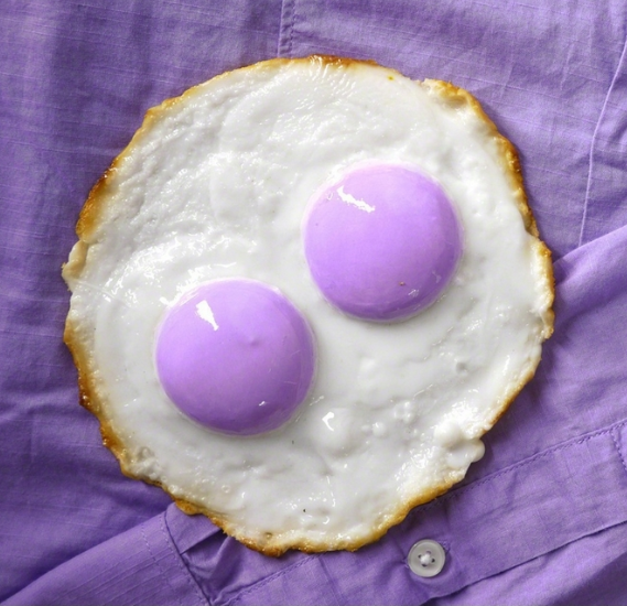 Soshiro Matsubara, Purple Fried Eggs, acrylic on food samples. Available at XYZ Collective (NADA) 