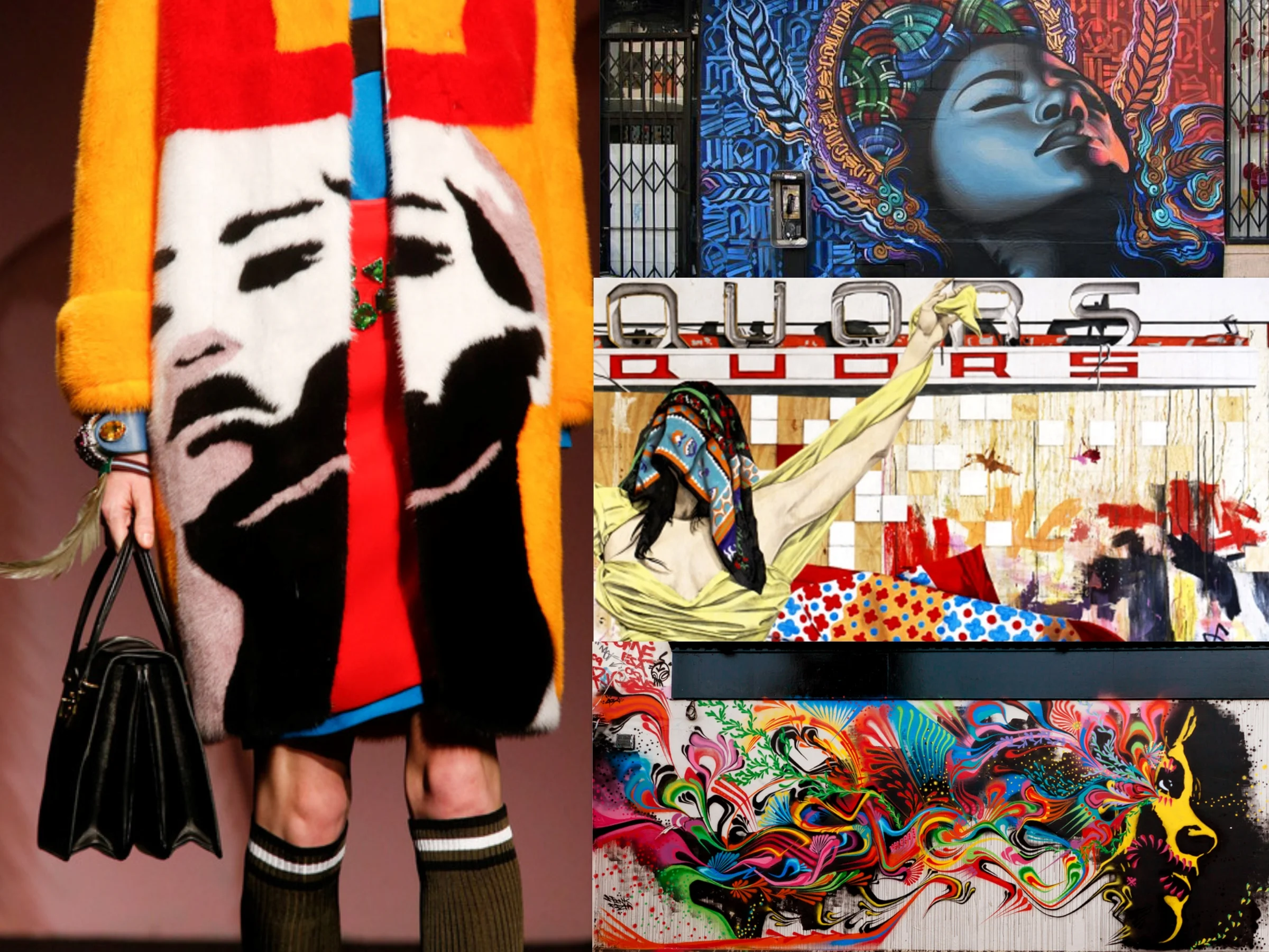 On the left: one of Prada's color saturated coats. On the right, some of the artists' murals who collaborated with Miuccia for this collection. From top right: Miles “El Mac” Gregor; Gabriel Specter and Stinkfish