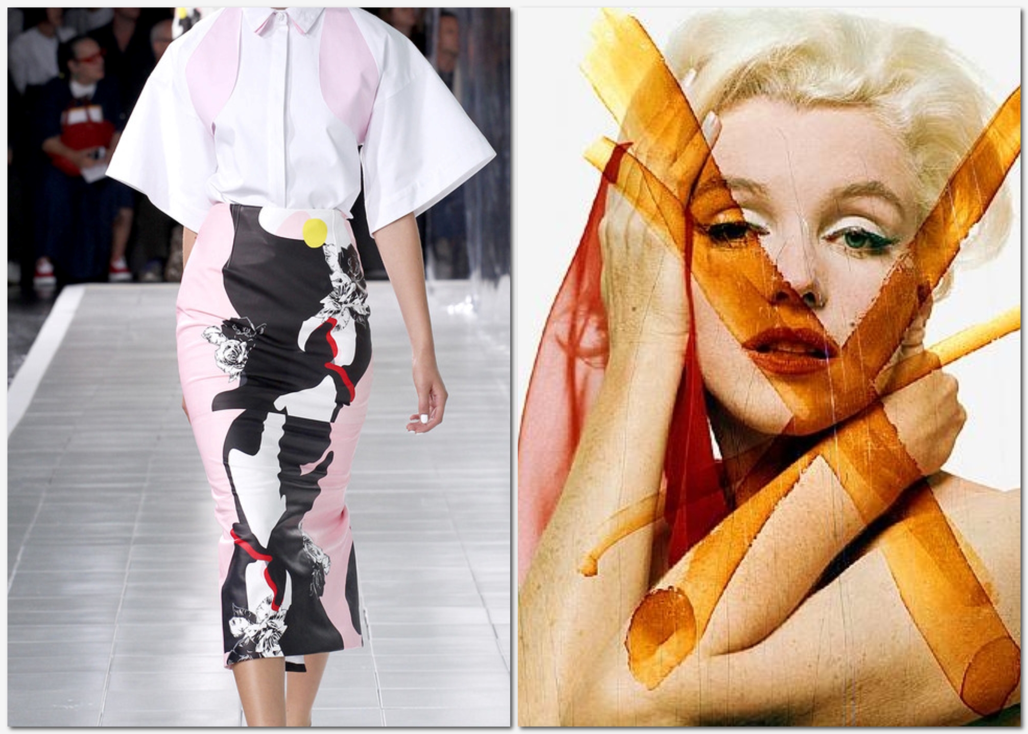 On the right: an image from Prabal Gurung's 2013 New York Fashion Week runway show. On the left, a photograph by Bert Stern of Marilyn Monroe's last sitting