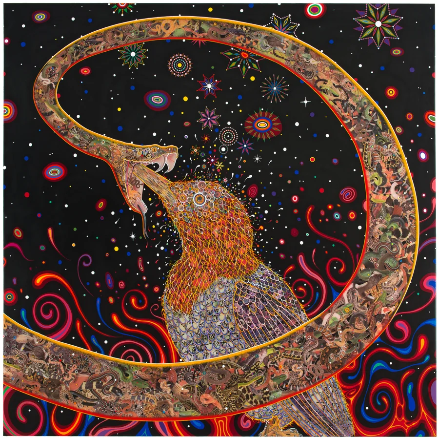 This is "Penetrators" a mixed media piece on wood panel that will also be a part of the "Current Events" show