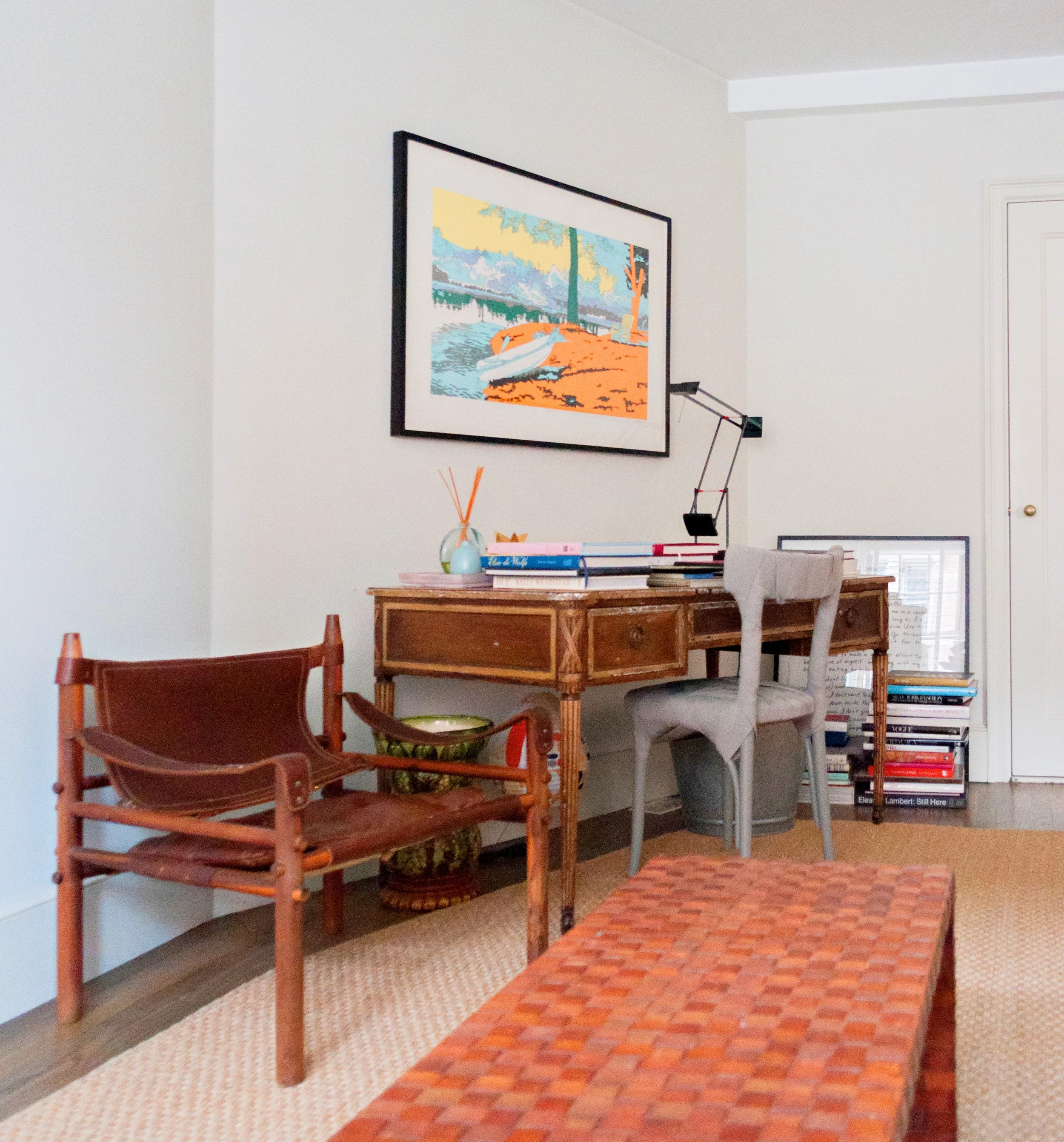 The Lisa Ruyter piece on top of the 1930's French desk and the "Mummy" chair by Peter Traag are all such conversation pieces. 