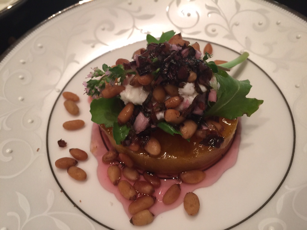 Grilled apricot, arugula, Texas goat cheese, pine nuts roasted with smoked salt, purple basil shallot mignonnette