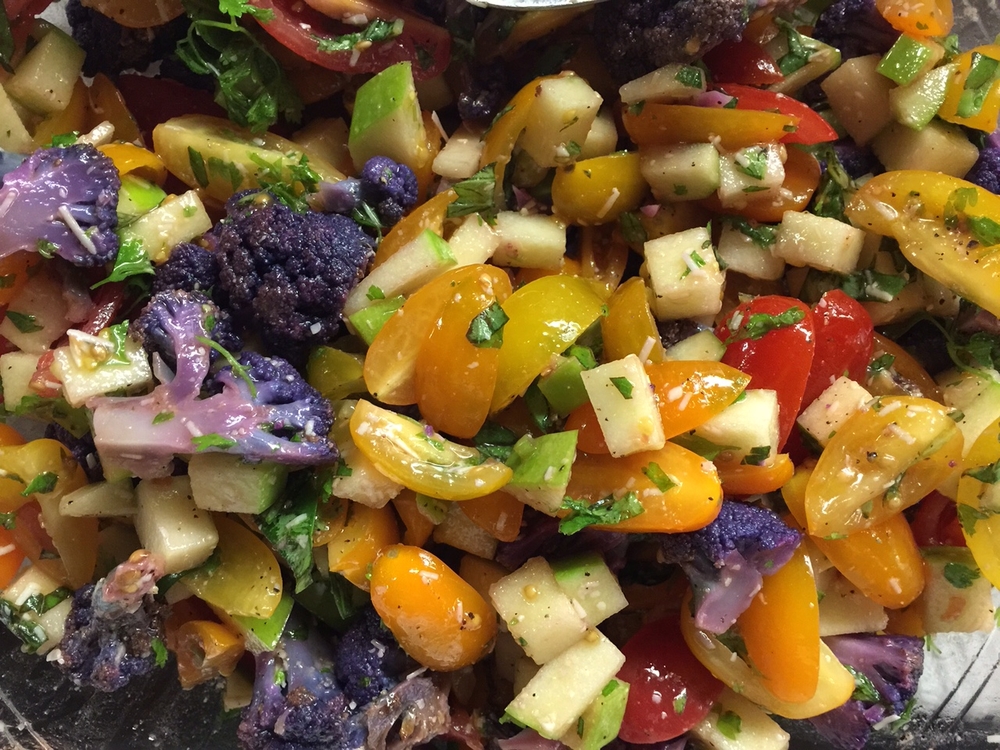 Tri-colored tomatoes, granny smith apple, roasted purple cauliflower