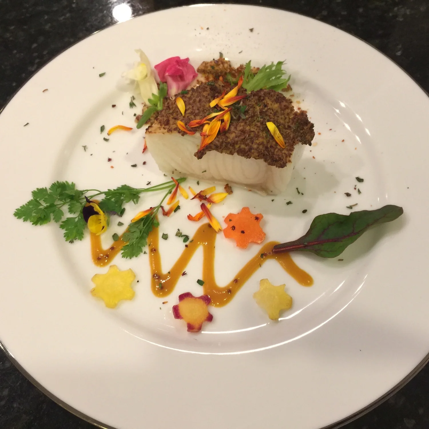 Dijon crusted Sea bass with Maple mustard BBQ sauce