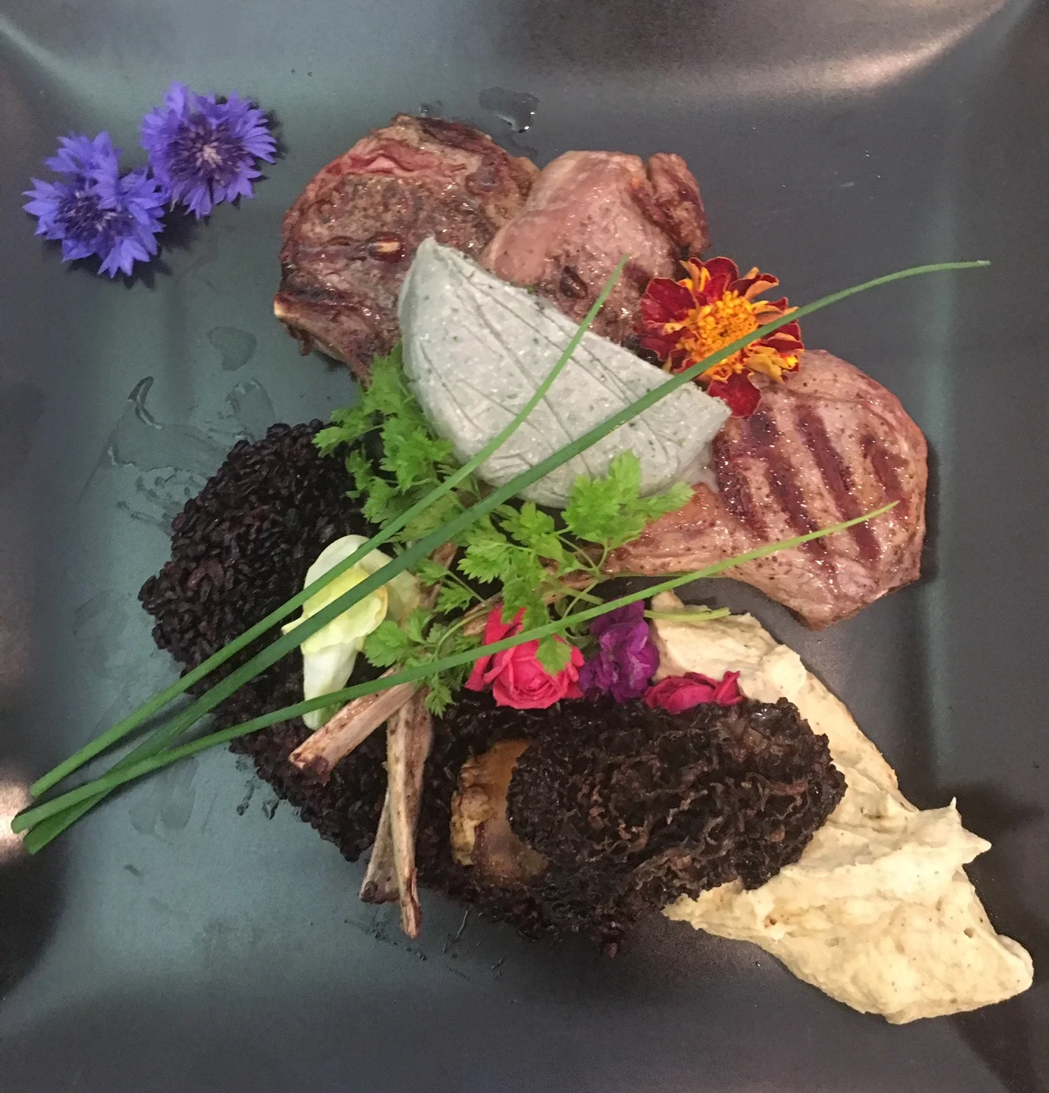 Grilled lamb, Morrels, Blue Cheese butter, black rice