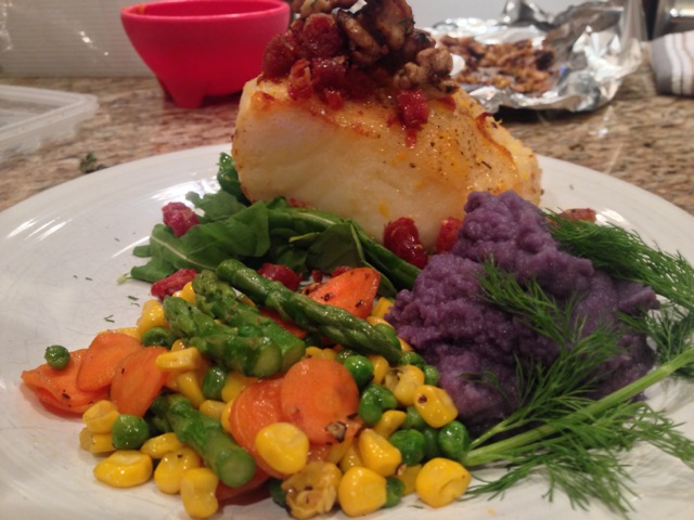 Roasted Halibut, pancetta with herb infused Belgium butter Vegetable medley & purple cauliflower puree