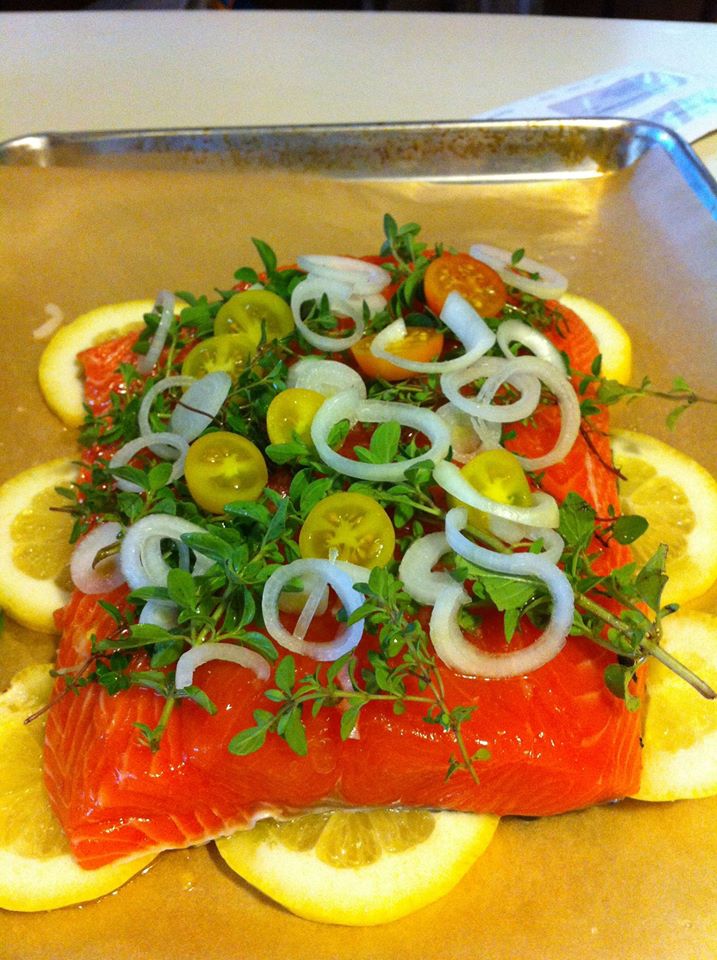 Lemon steamed King Salmon with garden vegetables