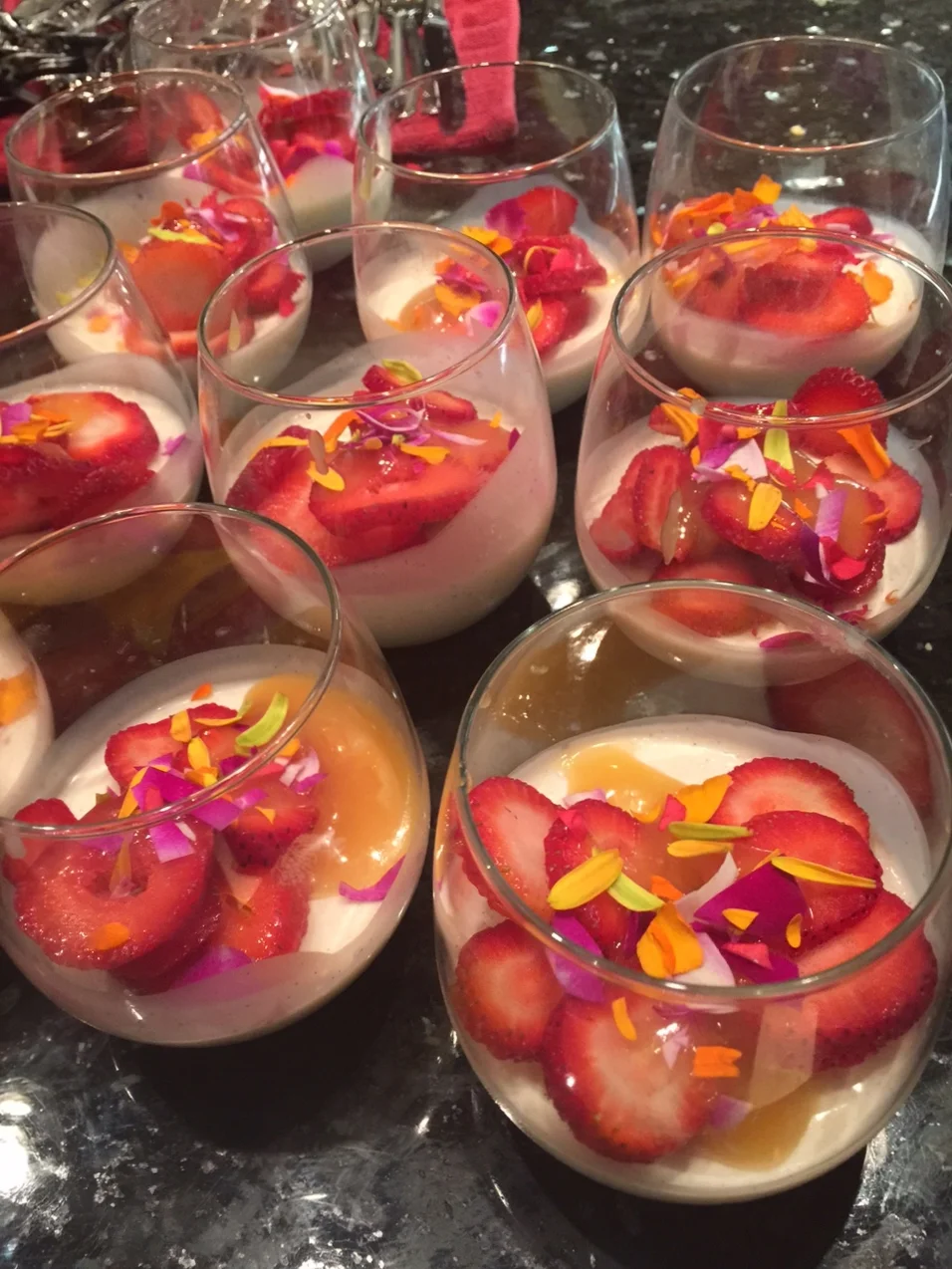 triple vanilla panna cotta, french honey, strawberries & orchids