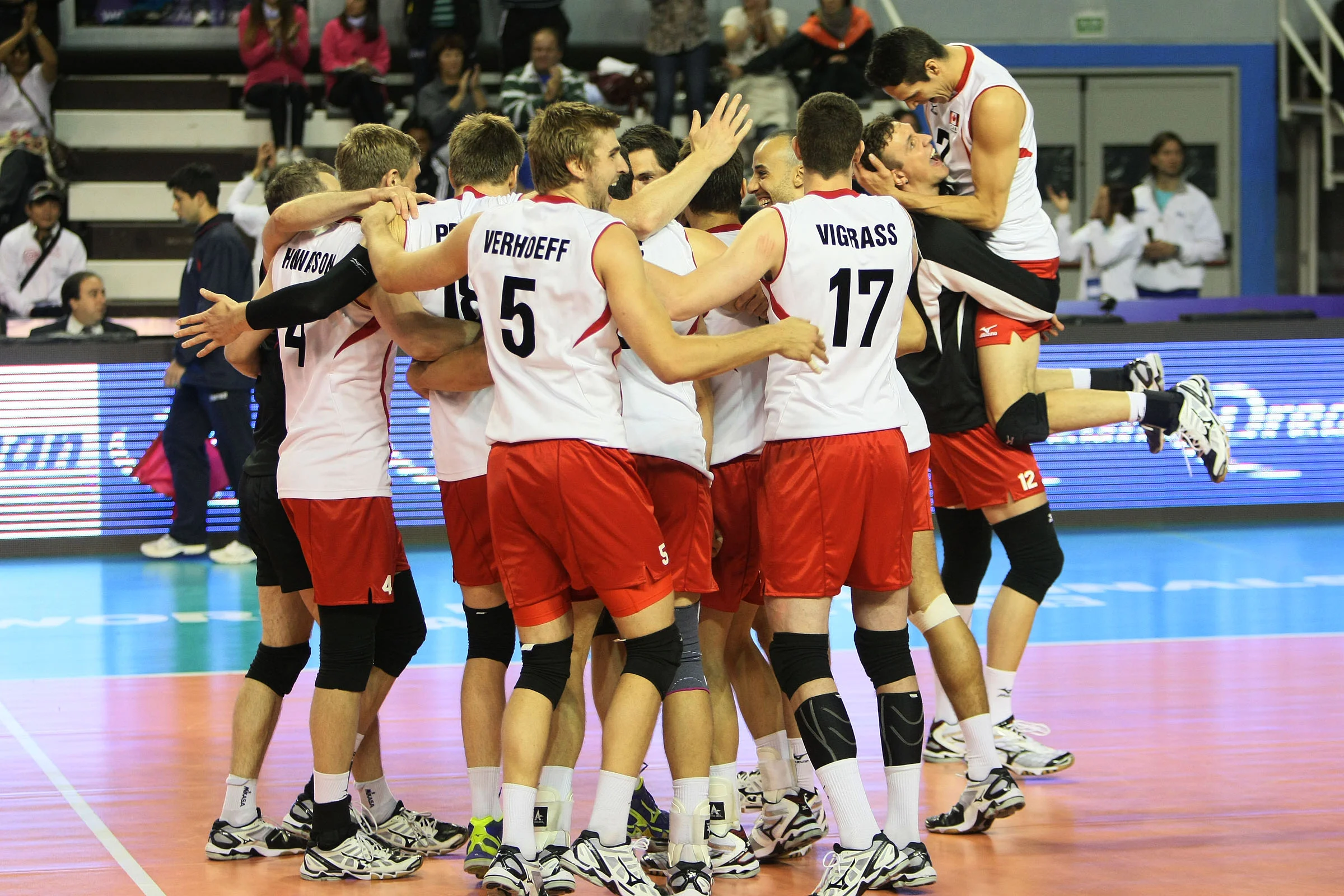 Canada celebrates after defeating Russia 3-2 at the World League Finals. Could the team be heading to another historical finish? Photo: FIVB