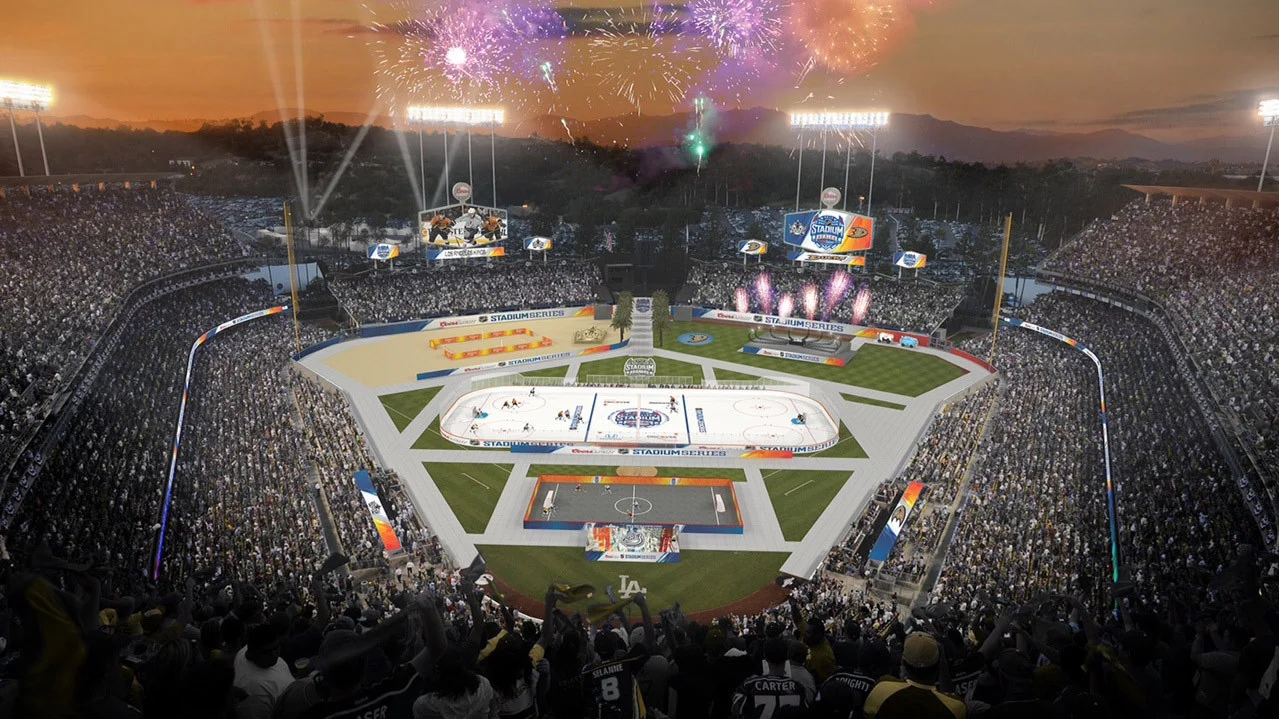 An artist rendering of The NHL Stadium Series at Dodger Stadium in Los Angeles. What is that in left field? It's a beach volleyball court. Photo: NHL.com