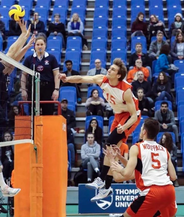 The Wolfpack’s Tim Dobbert leads the Canada West (and Canada) with 283 kills after a monster 50-point weekend in Winnipeg . Photo: TRU Wolfpack Athletics