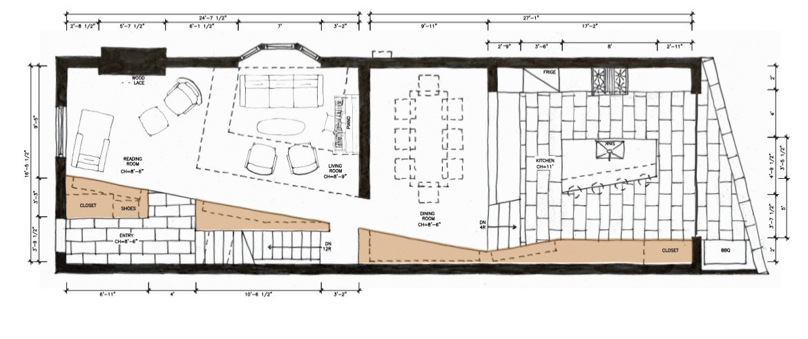 The ground floor plan, showing the millwork wall in orange, flowing from the front foyer through to the back door. The floor was reconfigured and extended to include a new kitchen in the addition at the back.