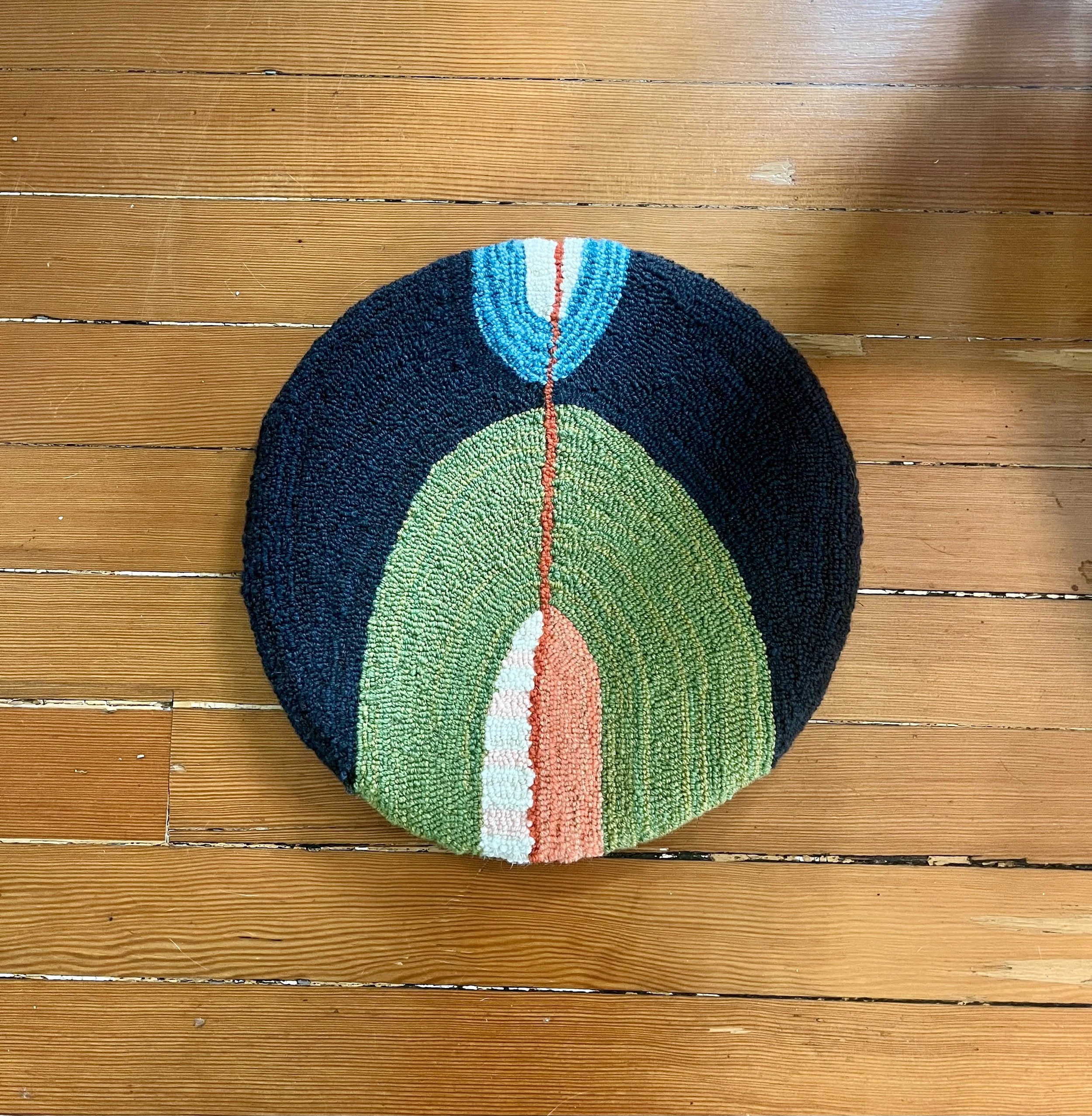 Tufted Wool Cushion: Green Hill with Orange Line