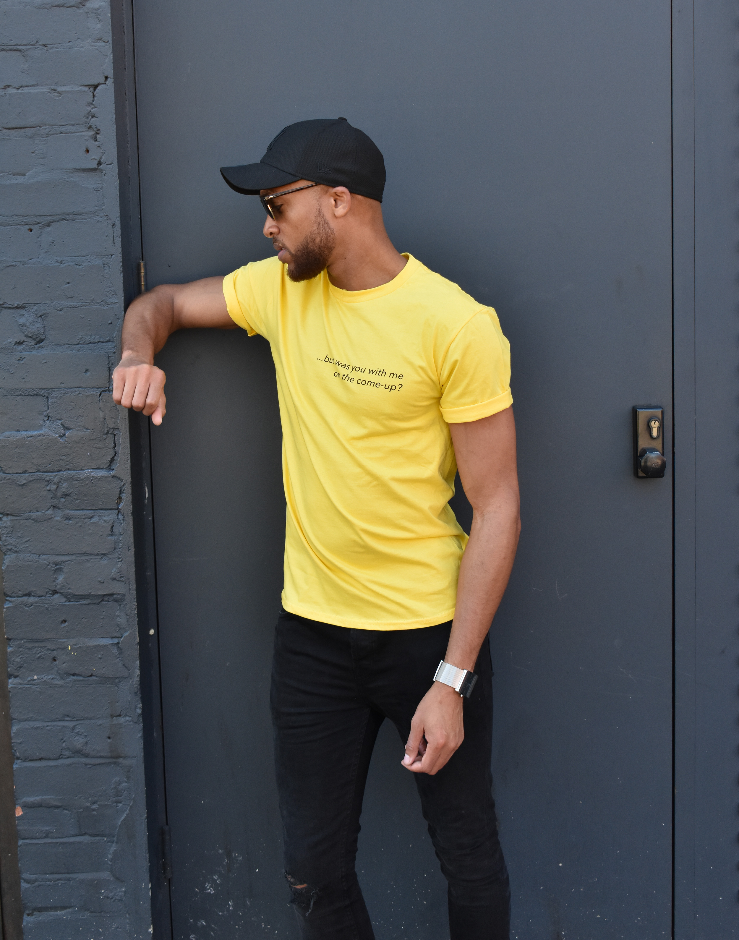 Nathan Ashley wears #OffCentre yellow - a part of our new collection. Photographed in Shoreditch.