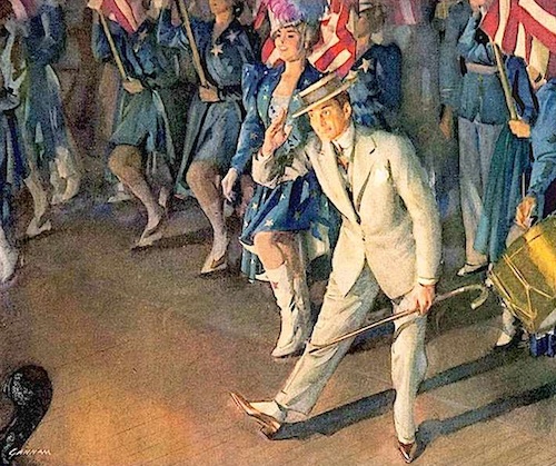 A depiction of George M. Cohan performing "Grand Old Flag," from the New England Historical Society