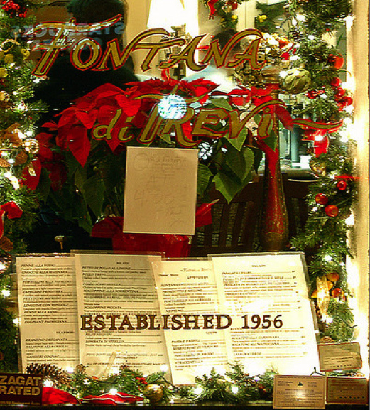 The Christmastime window at the now-closed Fontana di Trevi in Manhattan. Photo by Jim on Flickr, via popspotsnyc.com.
