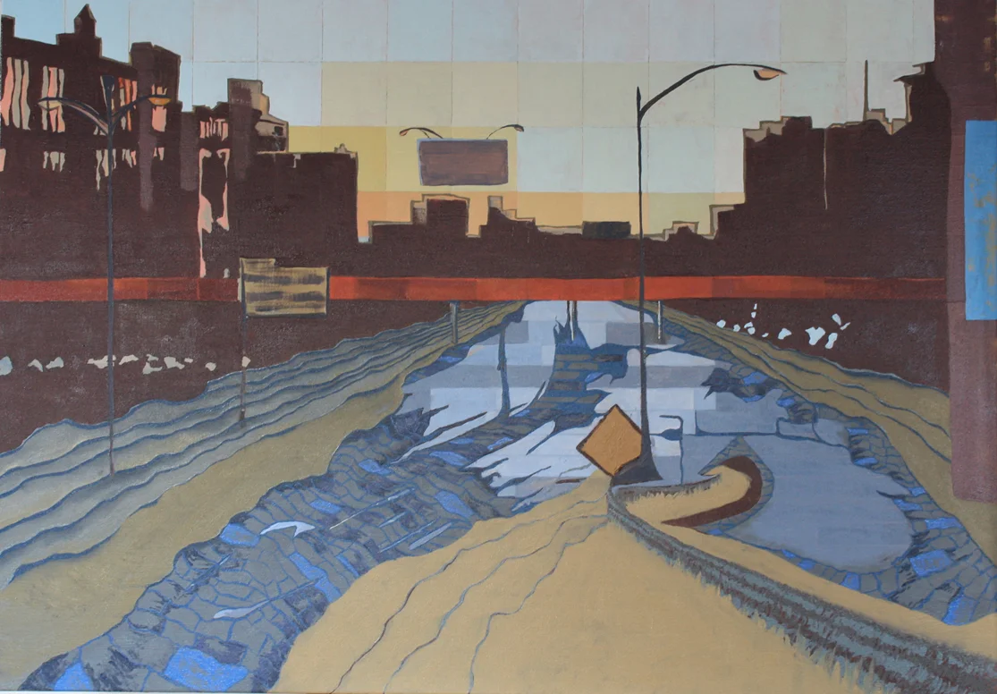 a bridge overpass becomes an energetic strip of color and movement... the highway below also breathes new life. Fluctuating water ebbs and flows within the recessed channel. Terraced forms sculpt the edges, while history is carved out along the ground surface.
