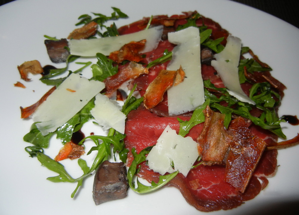 Cured Beef Carpaccio, Wild Mushroom Salad, Potato Skin, and Pecorino ($14)