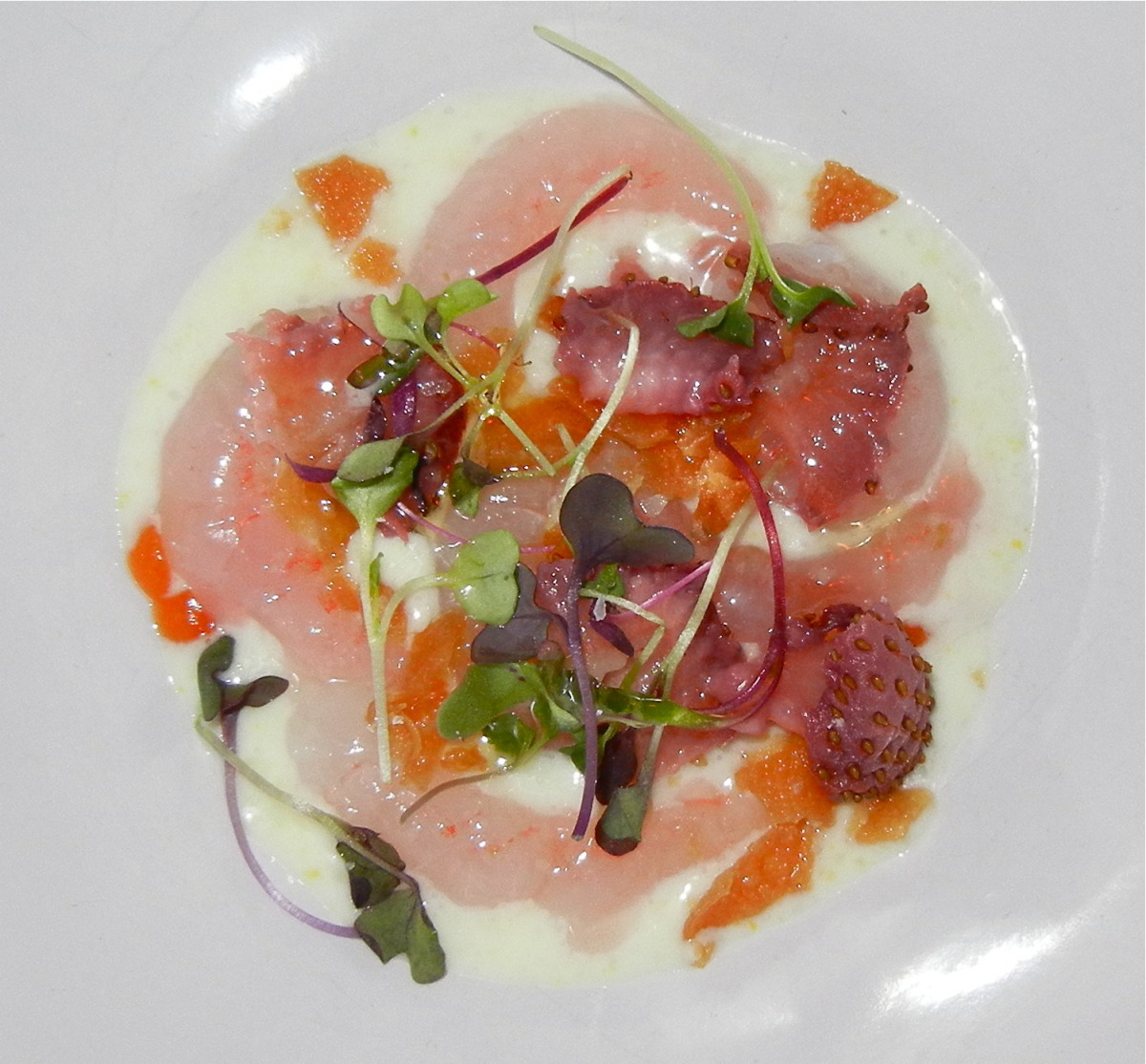 Raw Maine Shrimp with Lemon Puree, Chili, Strawberry, and Microgreens (tasting m