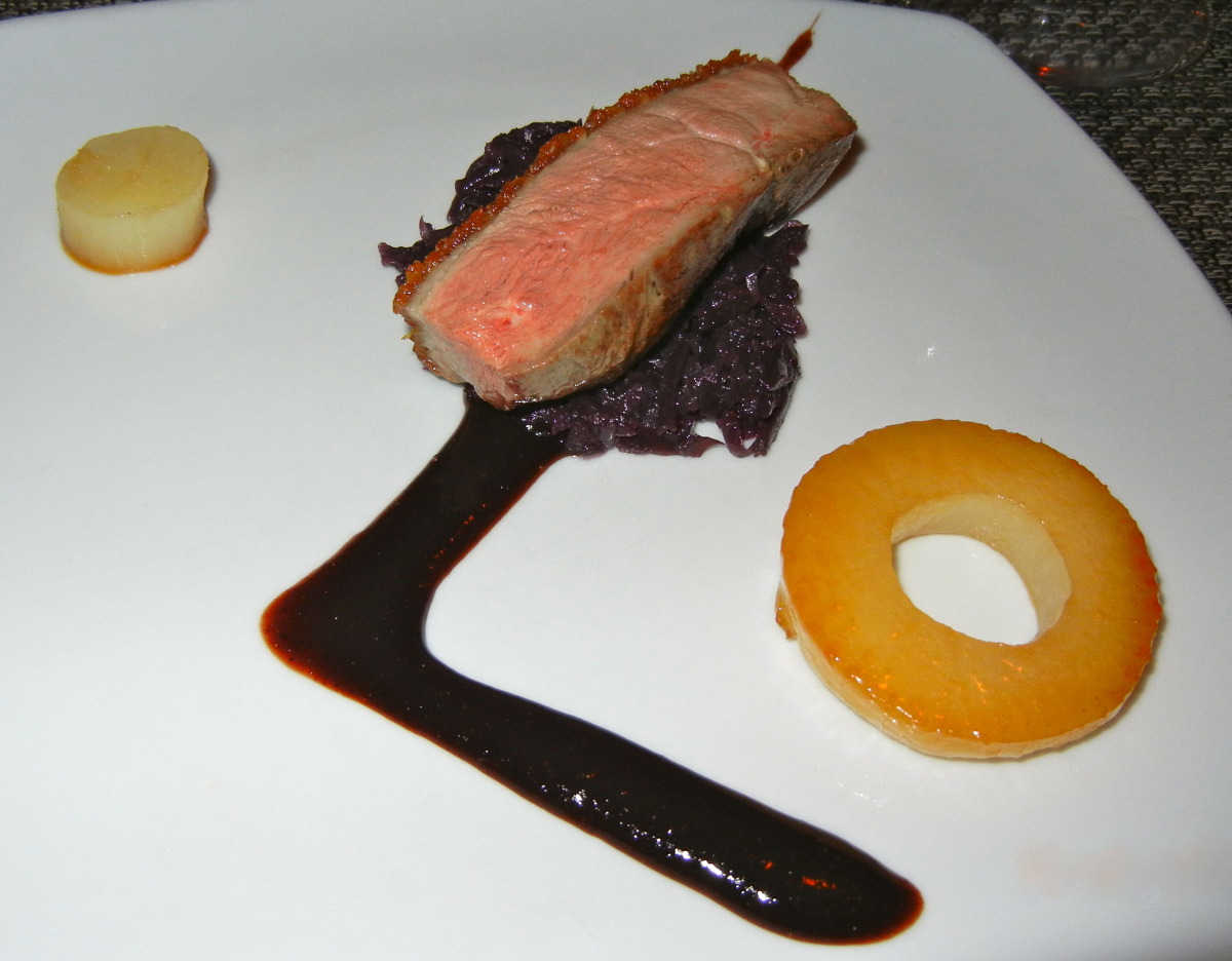 Duck Breast, Red Cabbage, Caramelized Turnip, Red Wine-Fig Emulsion (tasting men