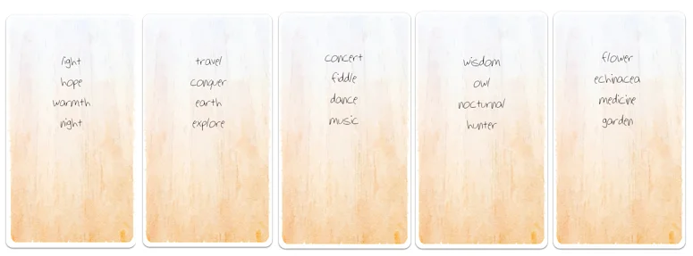 Each back has 4 unique words related to the illustration on the front. Use one, use them all, or none! It's your story to create ;)
