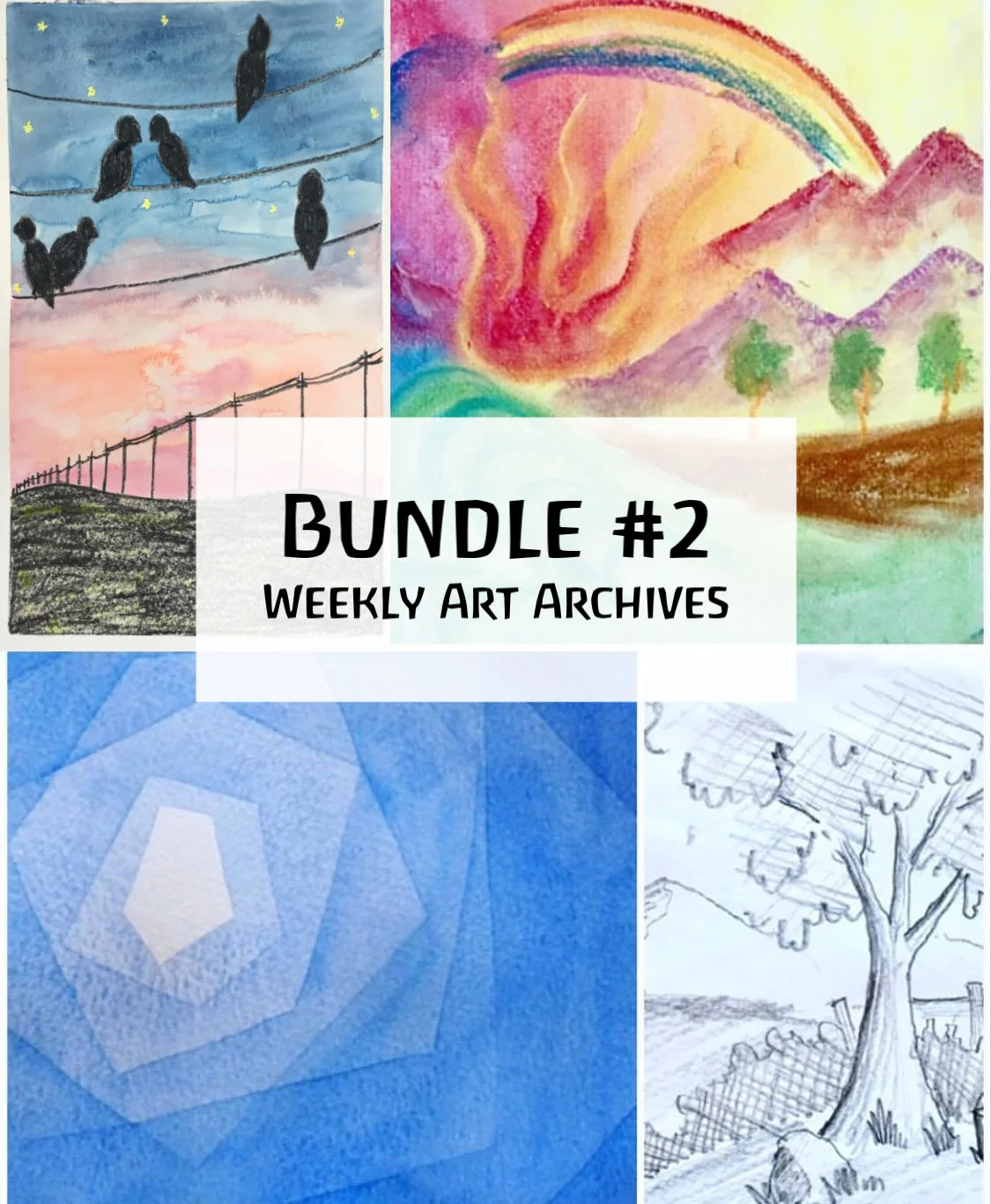 $28 Lesson One - Crayon, watercolor wax resist night sky. Lesson Two - Veil painting color exercise. Lesson Three - Chalk color wheel w/ 4 elements. Lesson Four - Pencil drawing exercises.