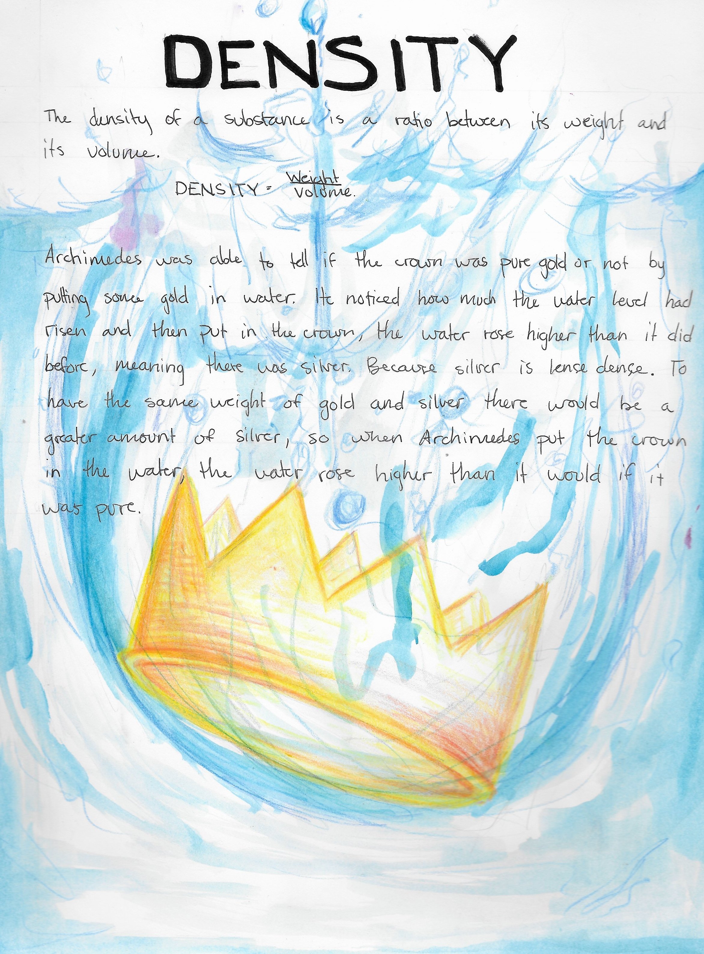 A Physics main lesson book page drawn by an eighth grade student. The drawing depicts the science around density.