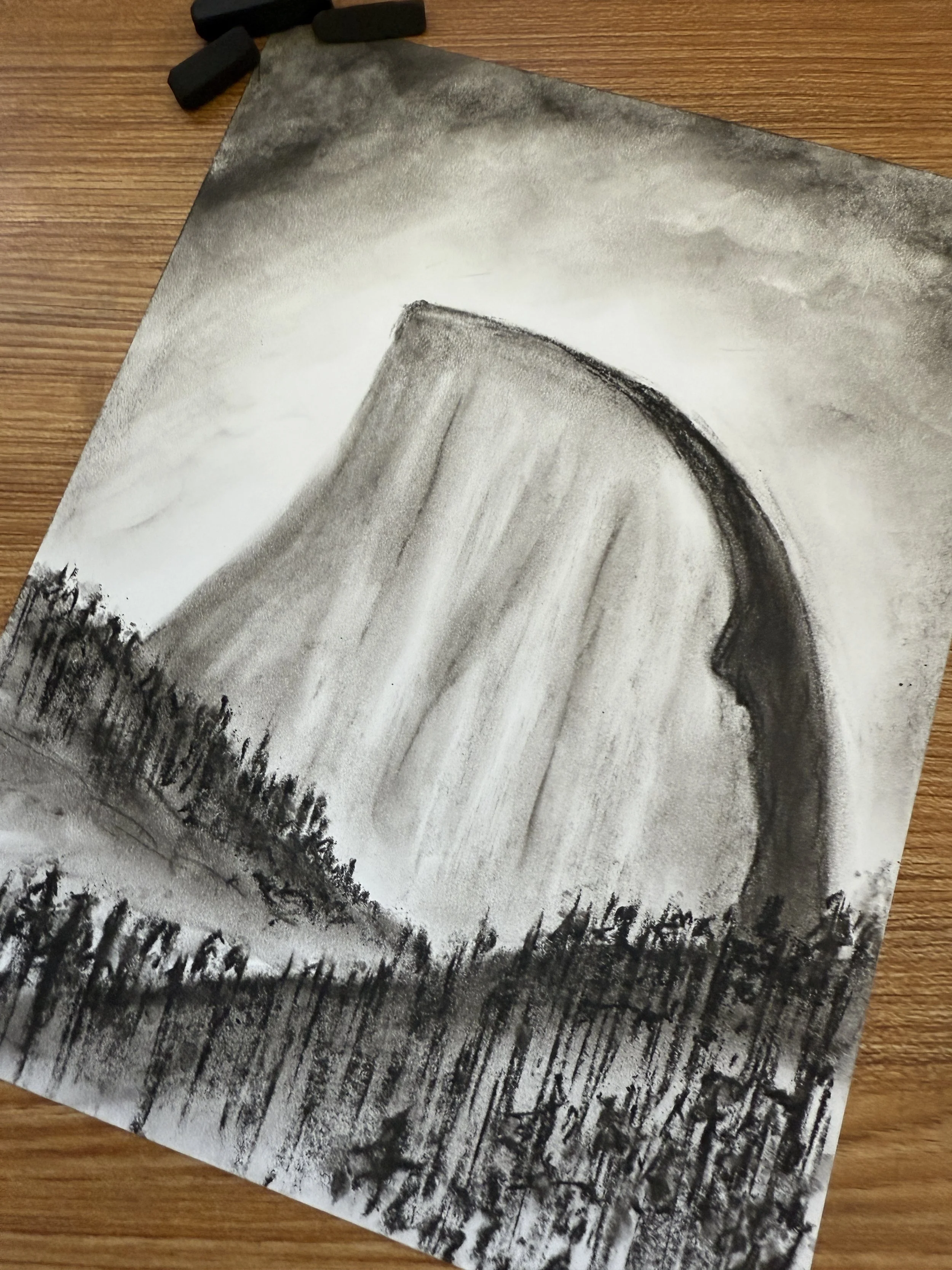 A charcoal drawing lesson that features Half Dome for Waldorfish's online Geology course.