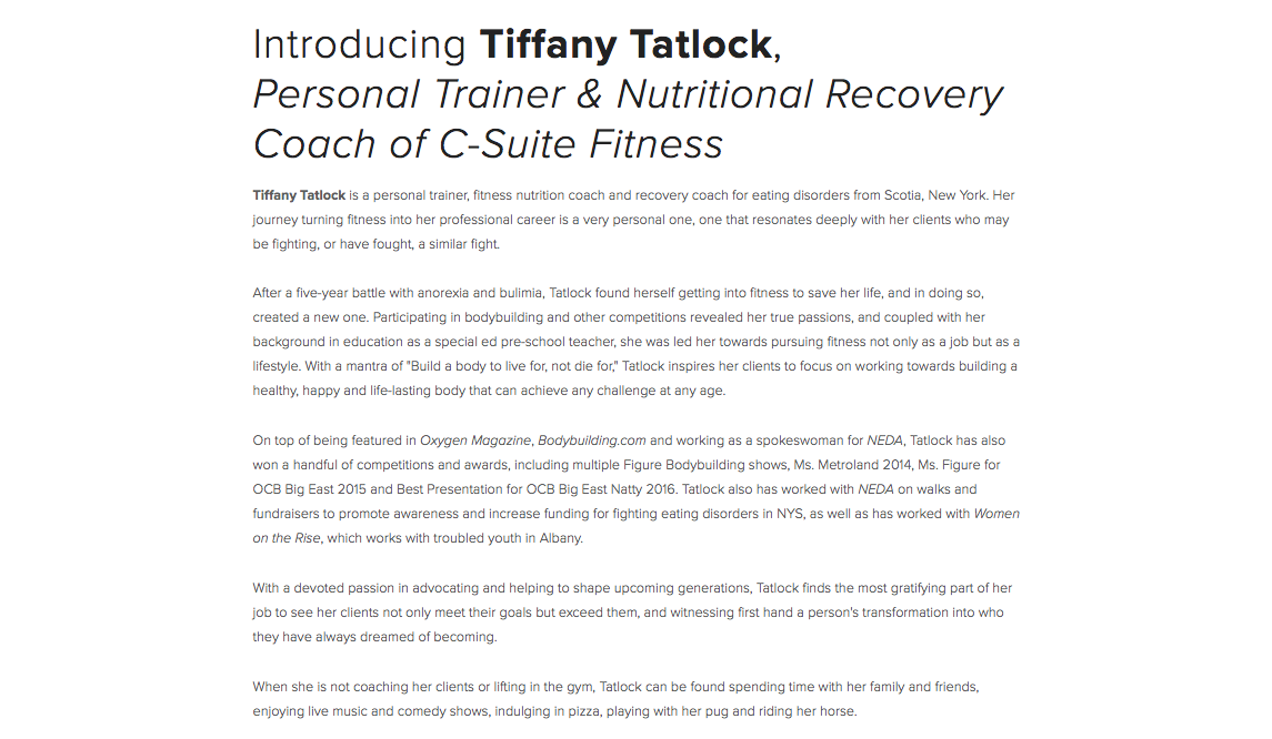 Bio for personal trainer Tiffany Tatlock. 