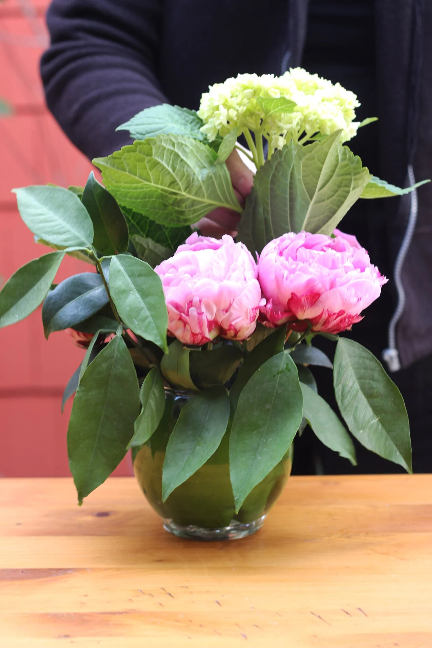 Put another Peony to the side and Mini Hydrangea behind.