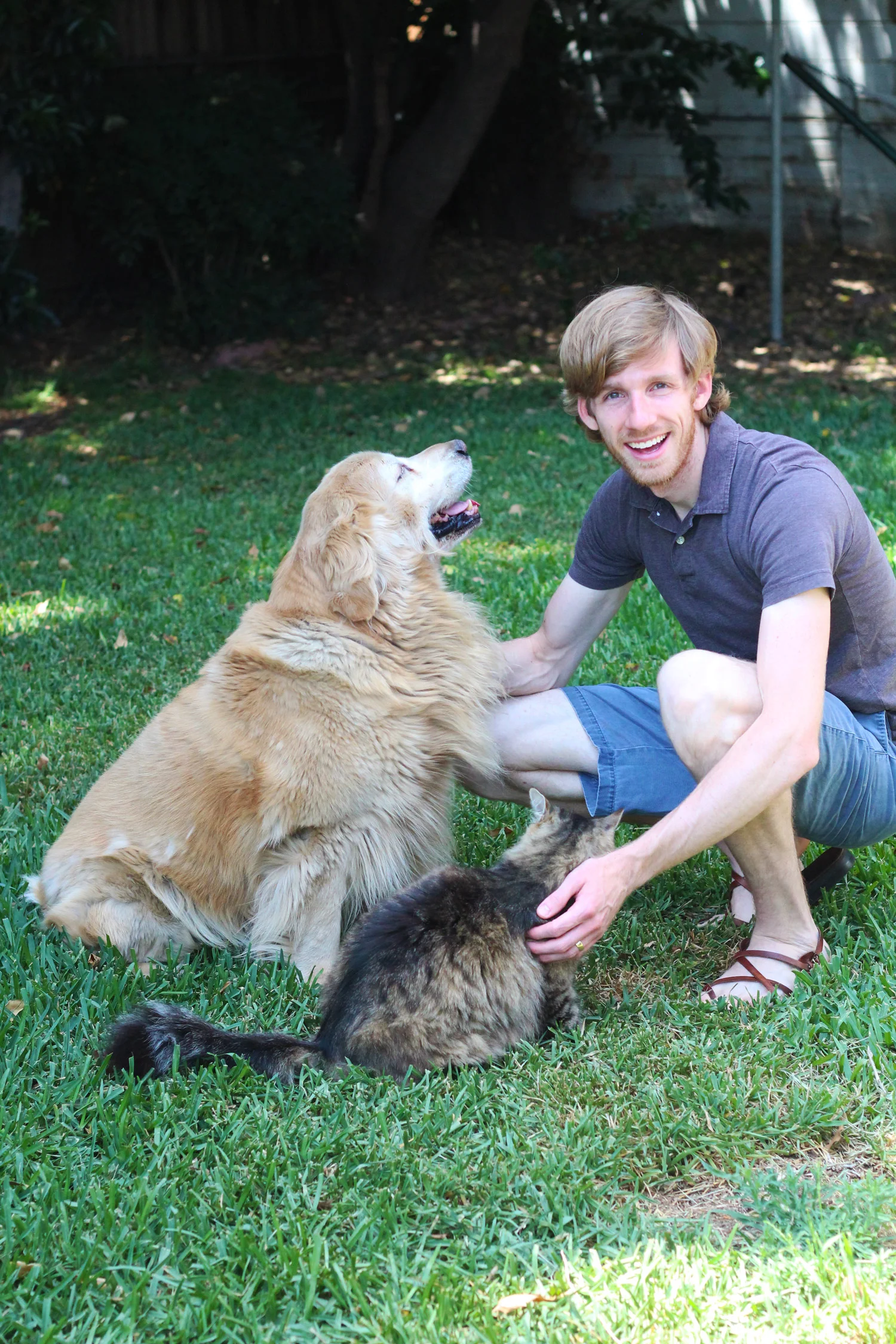 "Hey you have to pet me with the other hand if you pet Dobie."