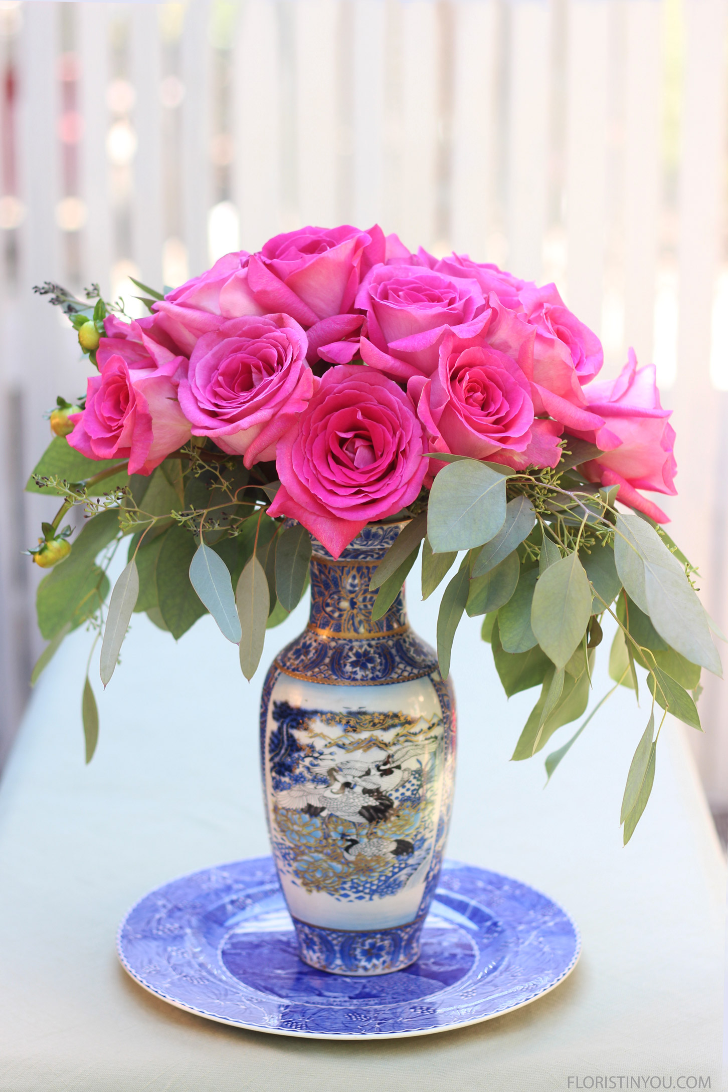 Roses in a Blue & White Tall Vase