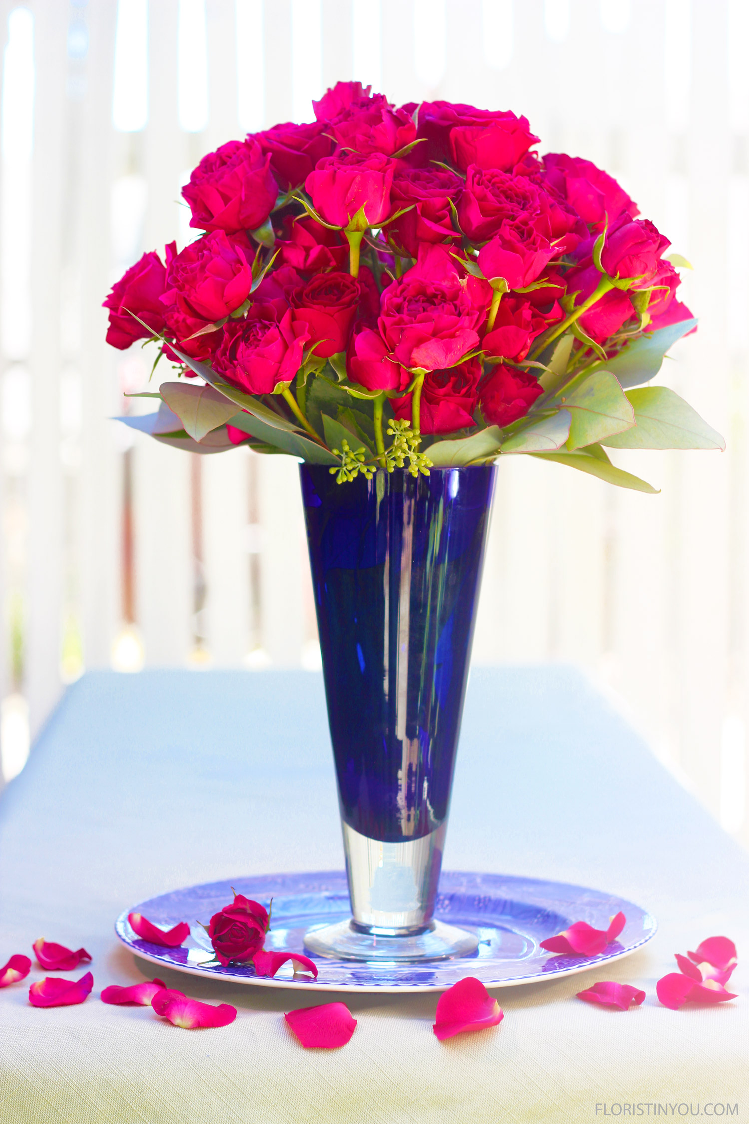 Fuchsia Roses in a Cobalt Blue Vase