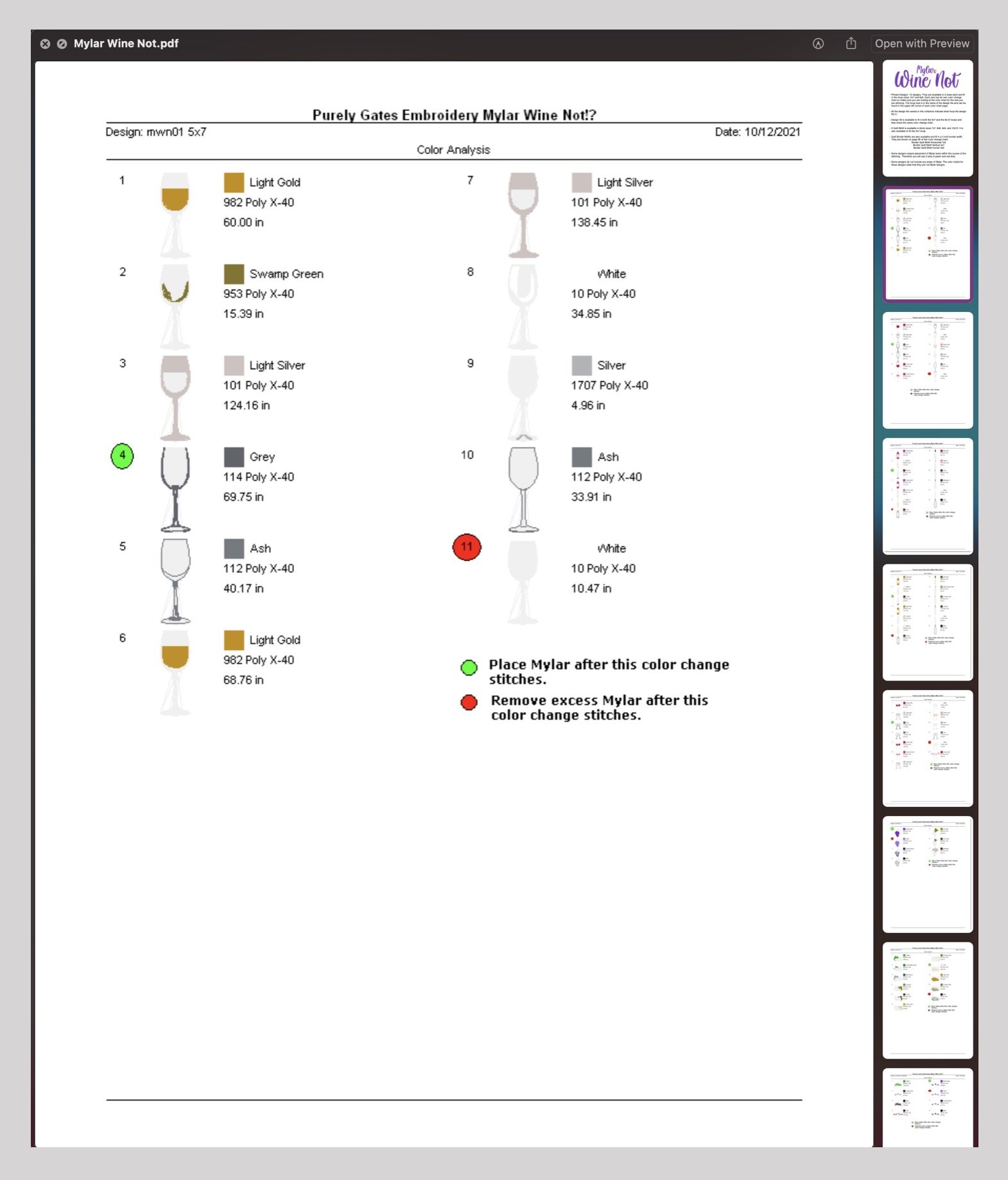 Color change info for one design