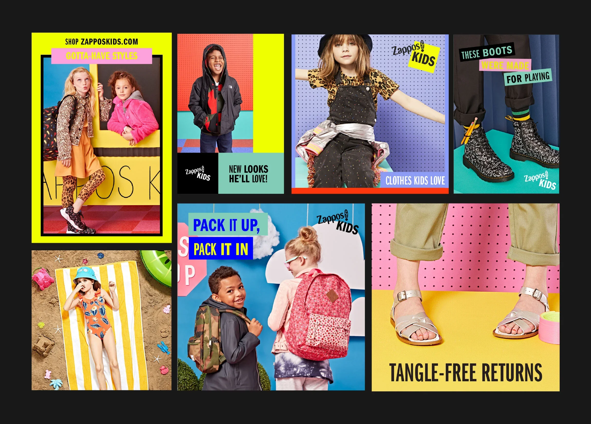 Collage of children modeling colorful clothing and accessories for Zappos Kids, including outfits, shoes, and backpacks, with various product captions and slogans.