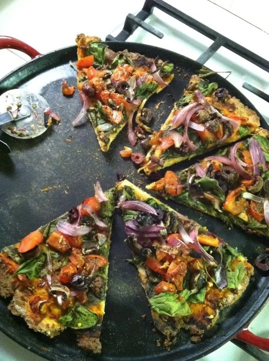 Lisa's pizza on gluten free dough (thin crust). Whole wheat dough will yield a thicker crust.