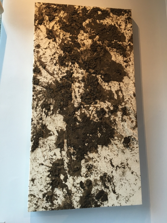 Sheep, Out to Pasture , earth, manure, sealant, canvas, 26x56", 2015