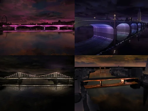Four computer generated images of Villareal’s planned project. (Clockwise from top left: Waterloo Bridge, Westminster Bridge, Chelsea Bridge, and London Bridge) Photograph: © Leo Villareal and Lifschutz Davidson Sandilands