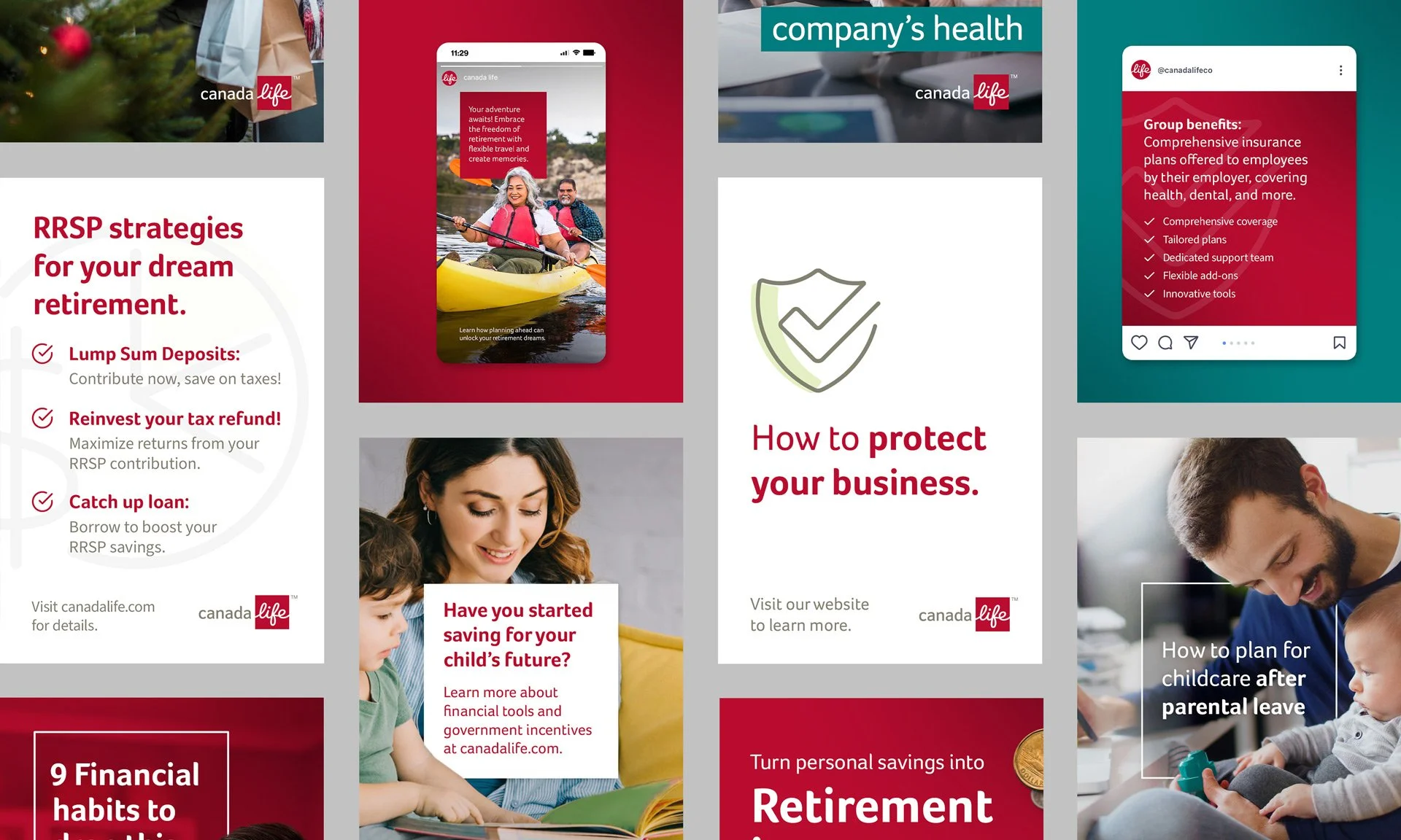 A collage of financial and insurance promotional images with text and photos of people. One image shows two people kayaking on a river, another shows a smiling woman with children, and others depict close-ups of people with financial or business themes, including a man and a woman working together and an indoor scene with a child and an adult. Text overlays highlight retirement strategies, insurance benefits, and financial planning.