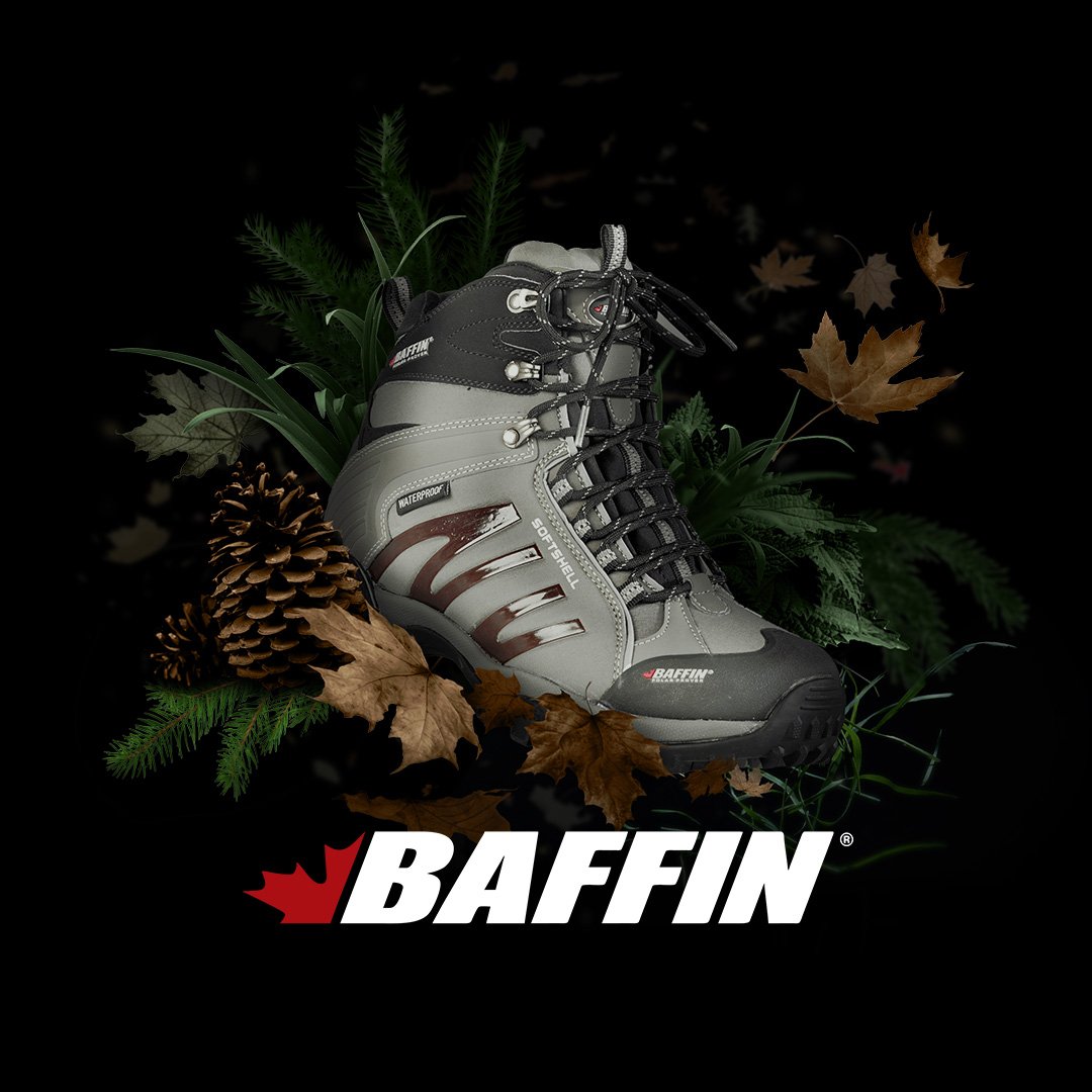 Project thumbnail for Baffin Footwear Canada. A rugged outdoor boot is shown with natural elements surrounding it like leaves, gravel and dirt, branches and water. Project features digital advertising, illustrations and icons.