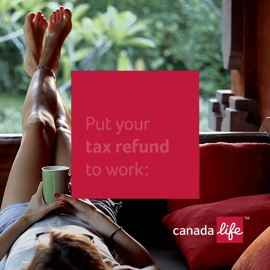 Animated sample of a social media post for Canada Life. Red square with white text.