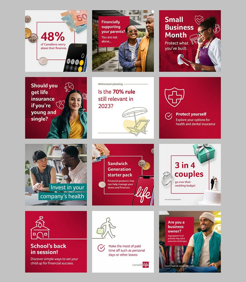 Collage of social media templated images related to finance, insurance, small business, retirement, and loans for CanadaLife.