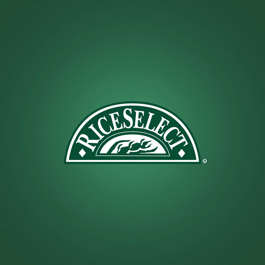 Green background with a white semi-circular logo reading 'RICESLECT' with a stylized rice plant inside the circle. Project thumbnail featuring social media template designs, digital advertising and out-of-home initiatives.