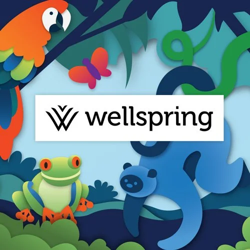 Colorful jungle scene illustrated with tropical animals like a parrot, frog, butterfly, and monkey surrounding a WellSpring logo.