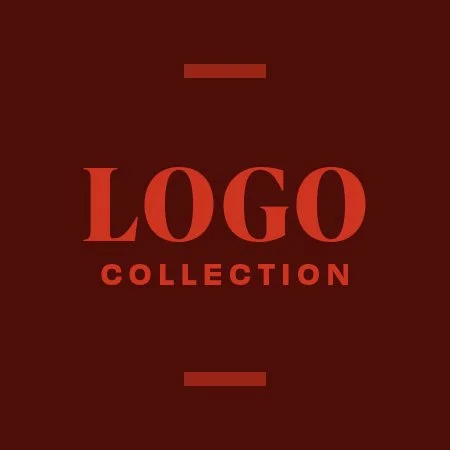 Dark red background with stylized text that reads 'LOGO COLLECTION' in large, bold font. Various project logos from designer brandon rampelt.